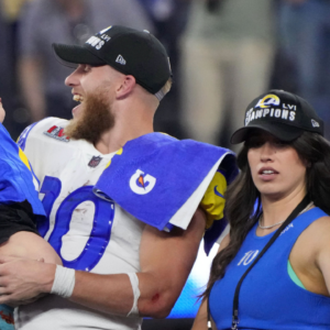 Los Angeles Rams wide receiver Cooper Kupp (10) celebrates with his wife Anna Kupp and son Cooper Kupp Jr. after Super Bowl LVI against the Cincinnati Bengals at SoFi Stadium. The Rams defeated the Bengals 23-20.