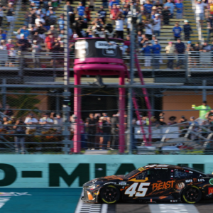 NASCAR Cup Series driver Tyler Reddick (45) crosses the start/finish line to win the Straight Talk Wireless 400 at Homestead-Miami Speedway.