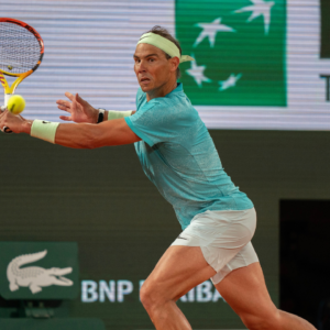 Rafael Nadal of Spain returns a shot during his match against Alexander Zverev of Germany on day two of Roland Garros