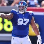 Oct 20, 2024; East Rutherford, New Jersey, USA; New York Giants defensive tackle Dexter Lawrence II (97) celebrates after a sack during the first half against the Philadelphia Eagles at MetLife Stadium.