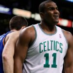 Boston Celtics forward Glen Davis (11) reacts to a call as they take on the Oklahoma City Thunder during the second half at the TD Banknorth Garden. Oklahoma City defeated Boston 104-109.