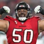 Tampa Bay Buccaneers defensive tackle Vita Vea (50) reacts after a play against the Philadelphia Eagles during the second half of a 2024 NFC wild card game at Raymond James Stadium.