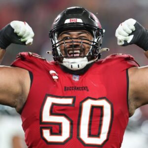 Tampa Bay Buccaneers defensive tackle Vita Vea (50) reacts after a play against the Philadelphia Eagles during the second half of a 2024 NFC wild card game at Raymond James Stadium.