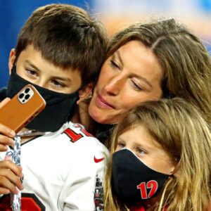 Tom Brady's wife Gisele Bundchen takes a selfie with her children Benjamin and Vivian after the Tampa Bay Buccaneers beat the Kansas City Chiefs in Super Bowl LV at Raymond James Stadium.