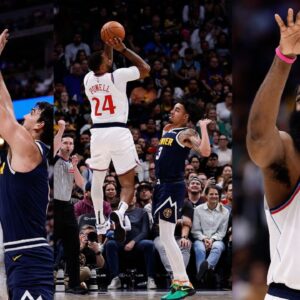 Ivica Zubac (L), Norman Powell (C), James Harden (R).