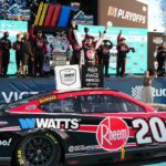NASCAR Cup Series driver Christopher Bell (20) celebrates in victory lane after winning the 4EVER 400 presented by Mobil 1 at Homestead-Miami Speedway.