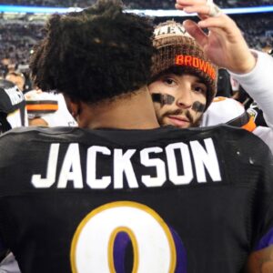Dec 30, 2018; Baltimore, MD, USA; Baltimore Ravens quarterback Lamar Jackson (8) is congratulated by Cleveland Browns quarterback Baker Mayfield (6) after the game at M&T Bank Stadium.