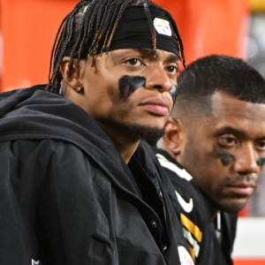 Pittsburgh Steelers quarterbacks Justin Fields (2) and Russell Wilson (3) watch the action against the New York Jets during the fourth quarter at Acrisure Stadium.