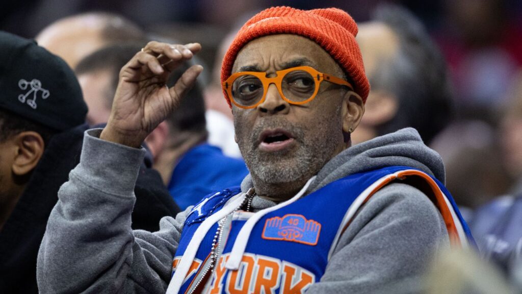 Film director and producer Spike Lee looks on during the second quarter of action between the Philadelphia 76ers and the New York Knicks at Wells Fargo Center. Mandatory Credit: Bill Streicher-Imagn Images