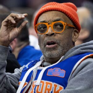 Film director and producer Spike Lee looks on during the second quarter of action between the Philadelphia 76ers and the New York Knicks at Wells Fargo Center. Mandatory Credit: Bill Streicher-Imagn Images