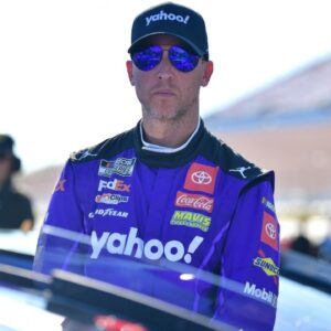 Oct 19, 2024; Las Vegas, Nevada, USA; NASCAR Cup Series driver Denny Hamlin (11) during qualifying for the South Point 400 at Las Vegas Motor Speedway. Mandatory Credit: Gary A. Vasquez-Imagn Images