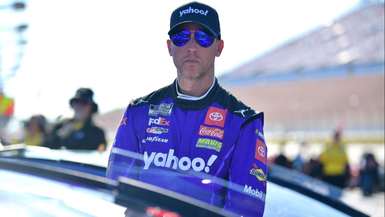 Oct 19, 2024; Las Vegas, Nevada, USA; NASCAR Cup Series driver Denny Hamlin (11) during qualifying for the South Point 400 at Las Vegas Motor Speedway. Mandatory Credit: Gary A. Vasquez-Imagn Images