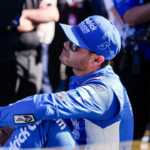 NASCAR Cup Series driver Kyle Larson (5) watches his time drop during cup qualifying at Martinsville Speedway.