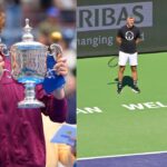 Jannik Sinner lifts the US Open 2024 trophy (L) and Goran Ivanisevic and Novak Djokovic train with each other (R)