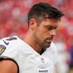Baltimore Ravens kicker Justin Tucker (9) warms up against the Kansas City Chiefs prior to a game at GEHA Field at Arrowhead Stadium.