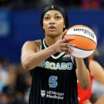 Chicago Sky forward Angel Reese (5) shoots a free throw against the Indiana Fever during the second half at Wintrust Arena