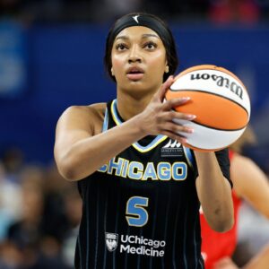 Chicago Sky forward Angel Reese (5) shoots a free throw against the Indiana Fever during the second half at Wintrust Arena