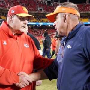 Oct 12, 2023; Kansas City, Missouri, USA; Kansas City Chiefs head coach Andy Reid shakes hands with Denver Broncos head coach Sean Payton after the game at GEHA Field at Arrowhead Stadium.