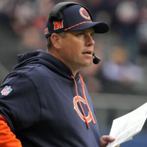 Oct 13, 2024; London, United Kingdom; Chicago Bears offensive coordinator Shane Waldron watches from the sidelines against the Jacksonville Jaguars in the second half during an NFL International Series game at Tottenham Hotspur Stadium.