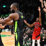 Jayson Tatum and Jaylen Brown celebrating