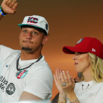 Patrick Mahomes and Brittany Mahomes cheer during the game between the Kansas City Current and Atletico De Madrid during The Women’s Cup at CPKC Stadium.