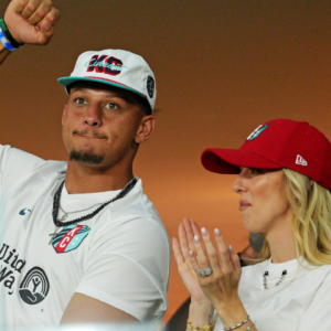 Patrick Mahomes and Brittany Mahomes cheer during the game between the Kansas City Current and Atletico De Madrid during The Women’s Cup at CPKC Stadium.