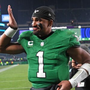Philadelphia Eagles quarterback Jalen Hurts (1) walks off the field after win against the Jacksonville Jaguars at Lincoln Financial Field.