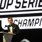 Ryan Blaney gives his thank you speech on winning the NASCAR Cup Series Championship at the 2023 NASCAR Award Banquet at Music City Center in Nashville, Tenn., Thursday, Nov. 30, 2023. (Stephanie Amador/The Tennessean via AP)