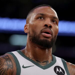 Milwaukee Bucks guard Damian Lillard (0) reacts during the second quarter against the New York Knicks at Madison Square Garden.