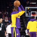 Los Angeles Lakers guard Bronny James (9) shoots during warm ups prior to the game against the Memphis Grizzlies at FedExForum.
