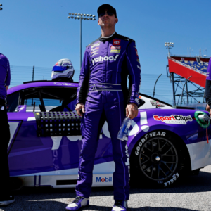 May 11, 2024; Darlington, South Carolina, USA; NASCAR Cup Series driver Denny Hamlin (11) during qualifying for the Goodyear 400 at Darlington Raceway. Mandatory Credit: Peter Casey-Imagn Images