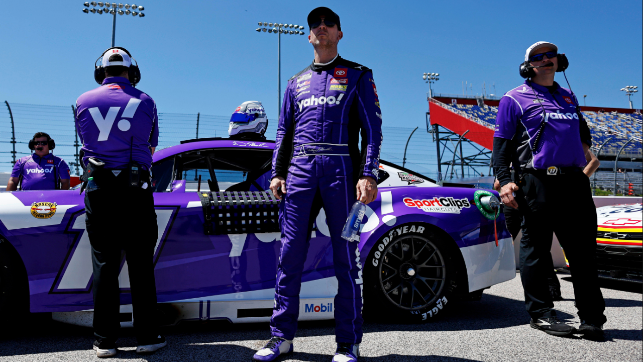 May 11, 2024; Darlington, South Carolina, USA; NASCAR Cup Series driver Denny Hamlin (11) during qualifying for the Goodyear 400 at Darlington Raceway. Mandatory Credit: Peter Casey-Imagn Images