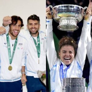 Jannik Sinner-led Italian Davis Cup team (L) and Jasmine Paolini-led Billie Jean King Cup team (R)