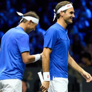 Rafael Nadal (L) and Roger Federer (R) at Laver Cup 2022