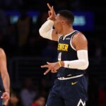 Denver Nuggets guard Russell Westbrook (4) reacts to a play during the fourth quarter against the Los Angeles Lakers at Crypto.com Arena.