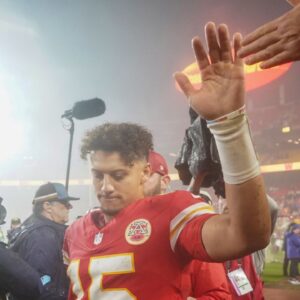 Kansas City Chiefs quarterback Patrick Mahomes (15) leaves the field after the win over the Tampa Bay Buccaneers at GEHA Field at Arrowhead Stadium.
