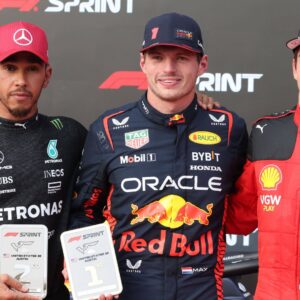 Formula 1 Lenovo United States Grand Prix 2023 ,in the picture Max Verstappen NLD , Oracle Red Bull Racing, winner of the sprint race, 2 place for Charles Leclerc MCO , Scuderia Ferrari, 3 place in the sprint race for Lewis Hamilton GBR , Mercedes AMG