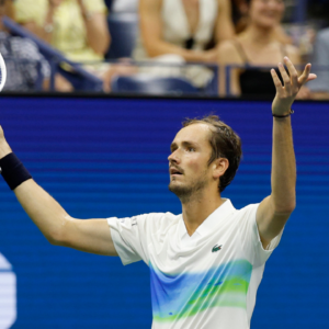 Daniil Medvedev gestures to the crowd between points against Flavio Cobolli (ITA)(not pictured) in a men's singles match on day six of the 2024 U.S. Open tennis tournament