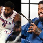 Paul George on the court (L) and on his podcast set (R)