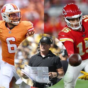 Baker Mayfield, Jon Gruden and Patrick Mahomes