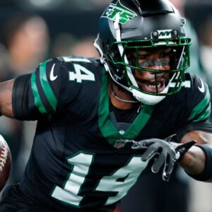 New York Jets wide receiver Malachi Corley (14) is shown as he prepares for the game, Thursday, October 31, 2024, in East Rutherford.