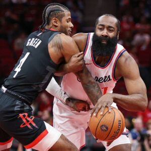 Houston Rockets guard Jalen Green (4) defends against Los Angeles Clippers guard James Harden (1) during the first quarter at Toyota Center.
