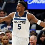 Minnesota Timberwolves guard Anthony Edwards (5) questions a no call during the third quarter against the Portland Trail Blazers at Target Center.