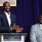 Kobe Bryant (left) speaks during ceremony to unveil statue of Los Angeles Lakers former center Shaquille O'Neal at Staples Center.