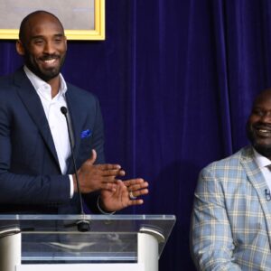 Kobe Bryant (left) speaks during ceremony to unveil statue of Los Angeles Lakers former center Shaquille O'Neal at Staples Center.