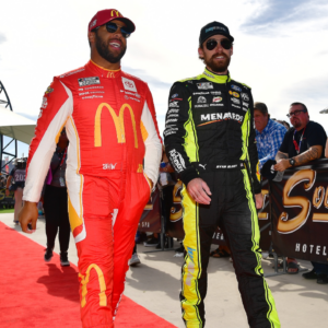 NASCAR Cup Series driver Bubba Wallace (45) and driver Ryan Blaney (12) walk the red carpet before the South Point 400 at Las Vegas Motor Speedway.
