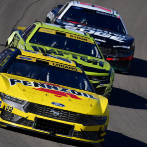 NASCAR Cup Series driver Joey Logano (22) leads driver William Byron (24) and driver Chris Buescher (17) during the South Point 400 at Las Vegas Motor Speedway.