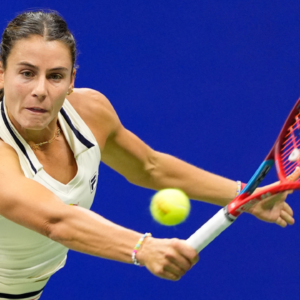 Emma Navarro (USA) hits to Aryna Sabalenka on day eleven of the 2024 U.S. Open tennis tournament