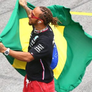 Lewis Hamilton waving the Brazilian flag at Interlagos, Sao Paolo, Brazil