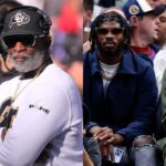 Deion Sanders (L), Shedeur Sanders and Travis Hunter (R)